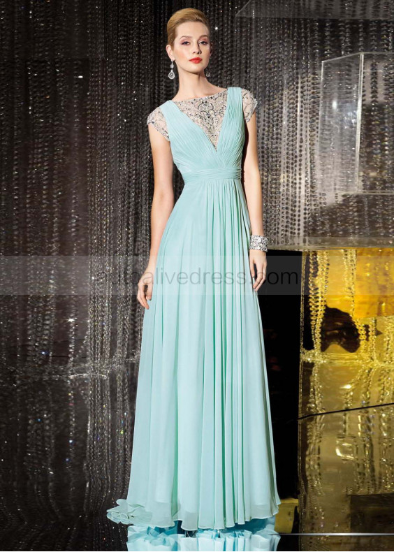 Chiffon Beaded Neckline Cap Sleeves Long Prom Dress 